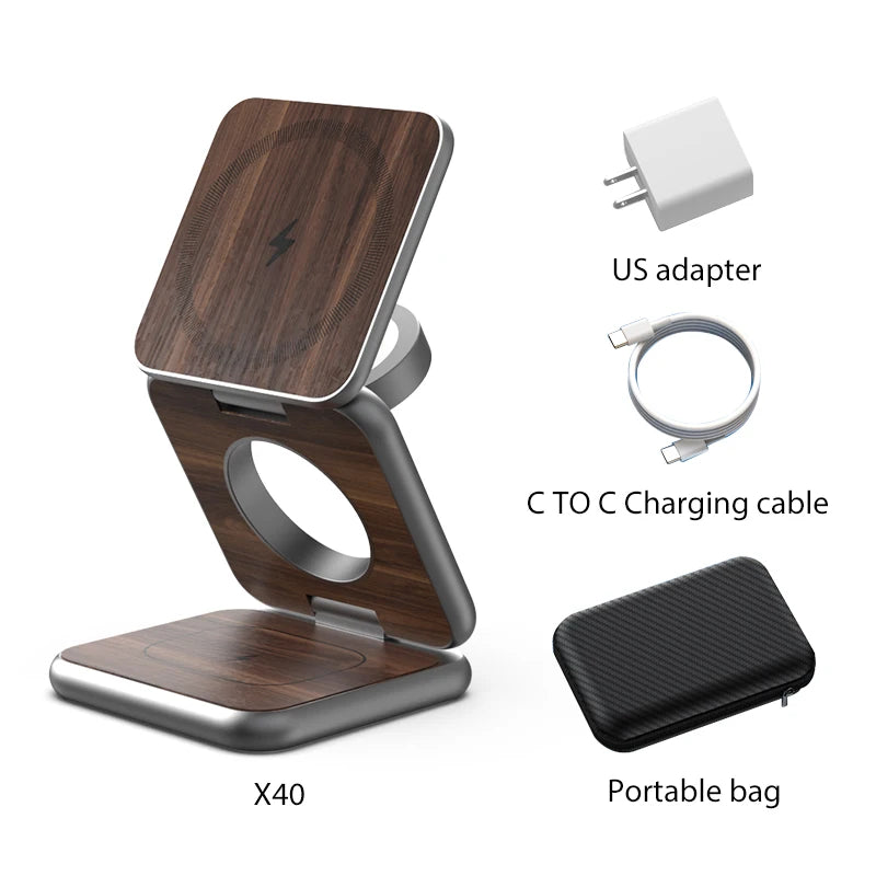 KUXIU X40 PRO Wood Grain 3 in 1 Magnetic Wireless Charging Station