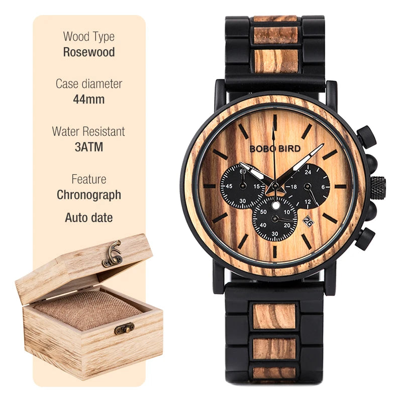 Luxury Wooden Chronograph Watch - BOBO BIRD