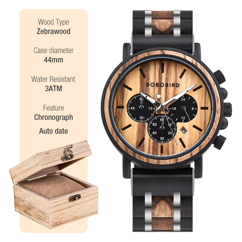 Luxury Wooden Chronograph Watch - BOBO BIRD