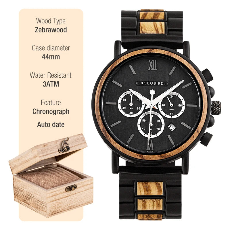 Luxury Wooden Chronograph Watch - BOBO BIRD