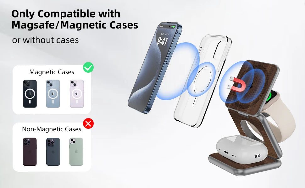 KUXIU X40 PRO Wood Grain 3 in 1 Magnetic Wireless Charging Station