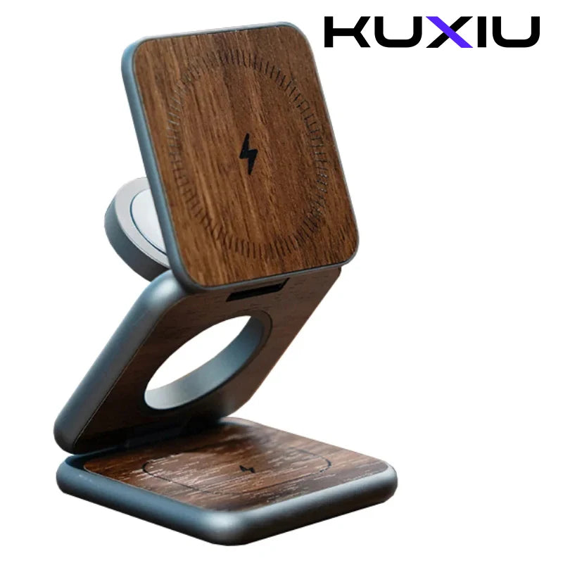 KUXIU X40 PRO Wood Grain 3 in 1 Magnetic Wireless Charging Station