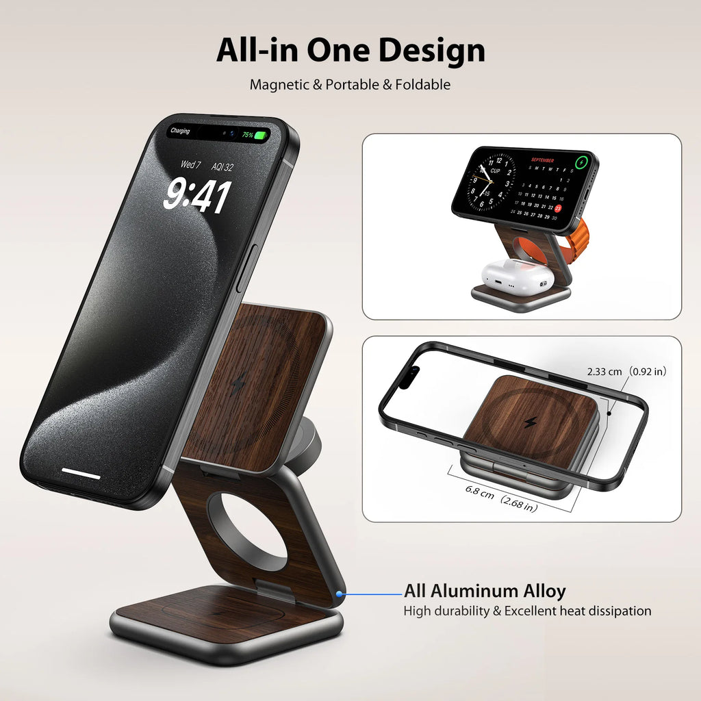 KUXIU X40 PRO Wood Grain 3 in 1 Magnetic Wireless Charging Station