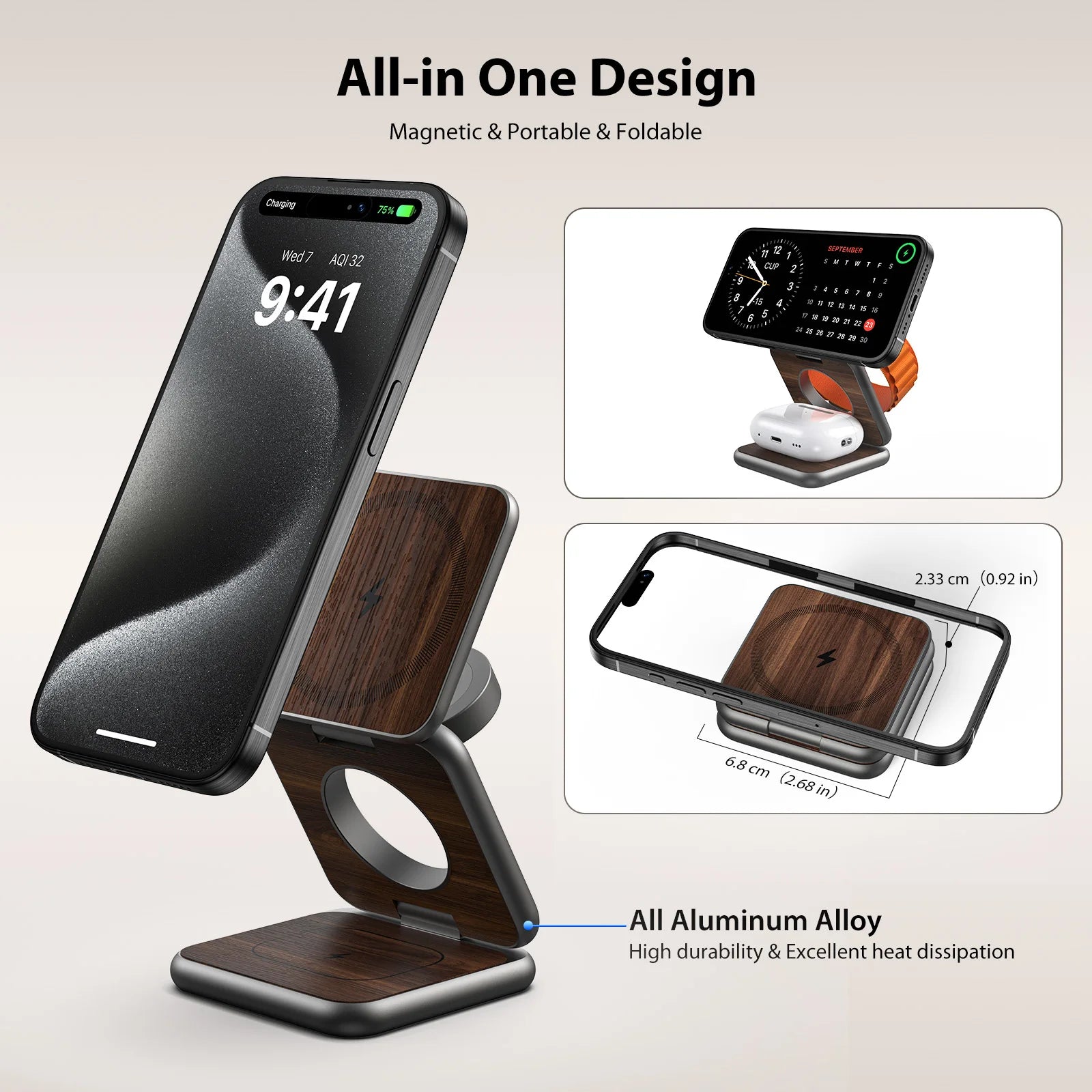 KUXIU X40 PRO Wood Grain 3 in 1 Magnetic Wireless Charging Station